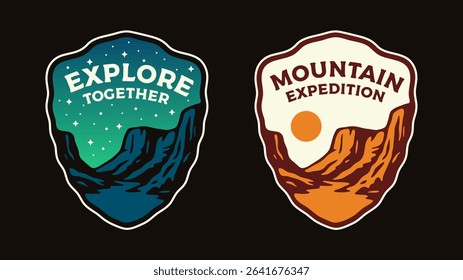 Set of vintage outdoor camping badges featuring various vector. Adventure retro stickers night and day time