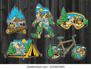 Set of Vintage Outdoor Illustrations on Wood board. Hand drawn and vector emblem designs. Great for shirts, stamps, stickers logos and labels.