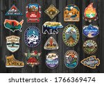 Set of Vintage Outdoor Summer Camp Logo Patches on Wood board. Hand drawn and vector emblem designs. Great for shirts, stamps, stickers logos and labels.