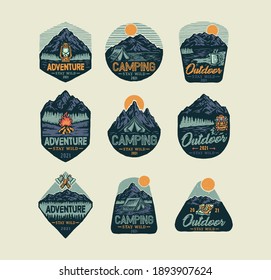 Set of Vintage Outdoor Summer Camp, hand drawn line style with digital color, vector illustration