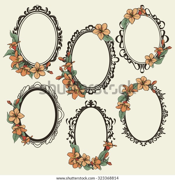 Set Vintage Oval Frames Decorated Flowers Stock Vector Royalty