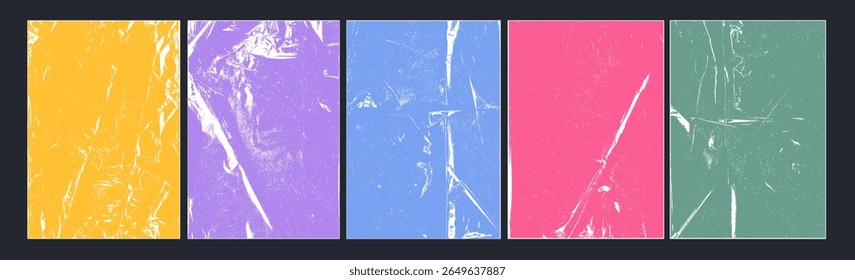Set of vintage overlay vector textures featuring folded paper effects, torn edges, surface dust, distressed grunge marks, scratches, and creased details for old and punk style visual designs.