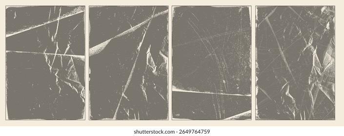 Set of vintage overlay vector textures gray featuring folded paper effects, torn edges, surface dust, distressed grunge marks, scratches. Creased details for old and punk style visual designs.