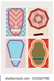 Set of vintage packaging label design with retro elements in colorful style. perfume industry emblem, coffee shop, branding, children happy Vector.