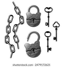 Set of vintage padlocks, parts of iron chains and retro keys isolated on white. Vector conceptual illustration in vintage black and white engraving style