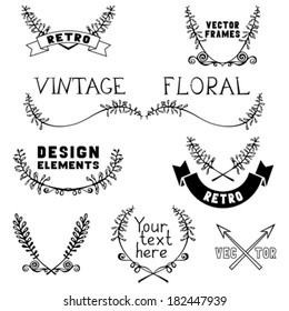 Set of vintage page decorations with floral elements. Vintage floral frames, text dividers, ribbons and labels of branches and leaves. Can be used for invitations, congratulations and greeting cards.
