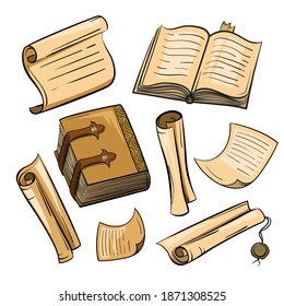 Set of Vintage paper, books, scrolls. Illustration in the style of the sketch. Vector isolated on a white background.