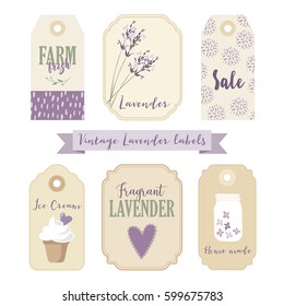 Set of vintage paper labels and tags with lavender. Isolated vector objects, illustrations. 