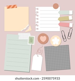 Set of vintage paper notes with sticky tapes, element for decorating journal, notebook or diary. vector, illustration design.