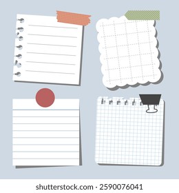 Set of vintage paper notes with sticky tapes, element for decorating journal, notebook or diary. vector, illustration design.