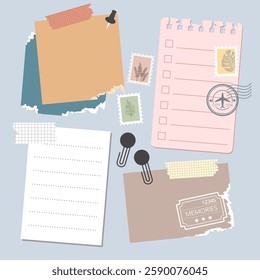 Set of vintage paper notes with sticky tapes, element for decorating journal, notebook or diary. vector, illustration design.