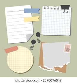 Set of vintage paper notes with sticky tapes, element for decorating journal, notebook or diary. vector, illustration design.