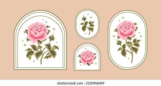 Set of vintage pastel pink garden rose wildflower feminine logo elements and beauty product label vector illustration templates with botanical leaf branch and frame