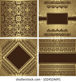 Set of vintage pattern and three luxury cards. Gold background. Original template for your design   