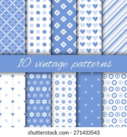 Set of vintage patterns in blue colors. 10 retro patterns. For wedding card, wallpaper, fill, web page background, surface texture. Set of monochrome geometric ornament. Vector illustration.