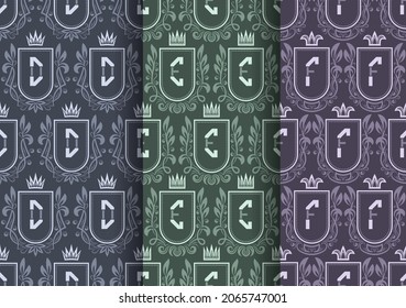 Set of vintage patterns with D, E, F monograms. Repeatable texture of heraldic royal coats of arms with initial letters.