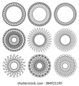 Set of vintage patterns in the shape of a sun, a circular pattern, straight and wavy lines, curls isolated on a white background.