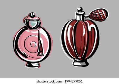 A set of vintage perfume bottles. Aromatic cosmetics. Fashion illustration in the style of a hand-drawn sketch.