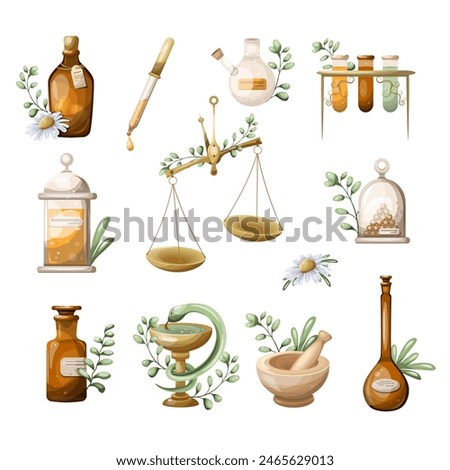 Set of vintage pharmacy medicine items. Freehand drawing, isolate on white background, vector