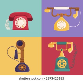 Set of vintage phone. Retro apparatus for distance communication. Remote call in 20 and 19 century. Graphic element for website. Cartoon flat vector collection isolated on colorful background