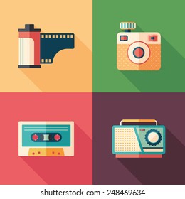 Set of vintage photo and audio flat icons with long shadows.