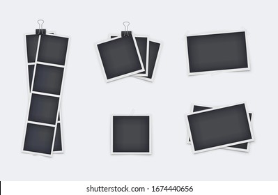 Set of vintage photo frame with adhesive tape. Realistic retro frame with stationery clip. Vector illustration
