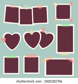 Set of vintage photo frame with adhesive tape. Mock up template. Collection of retro photo and stickers. Vintage photography with transparent adhesive tape. Vector EPS10