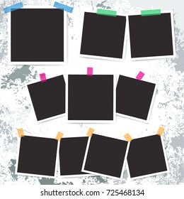 Set of vintage photo frame with adhesive tape on grunge background. Vector Illustration