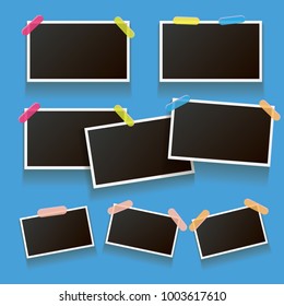 Set of vintage photo frame with shadow isolated on blue wall background. Vector Photo realistic Mockups with empty space for photo. old photo collection