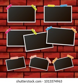 Set of vintage photo frame with shadow isolated on red grunge brick wall background. Vector Photo realistic Mockups with empty space for photo. old photo collection