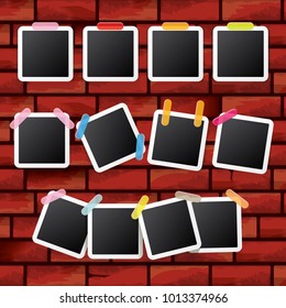 Set of vintage photo frame with shadow isolated on red grunge brick wall background. Vector Photo realistic Mockups with empty space for photo. old photo collection