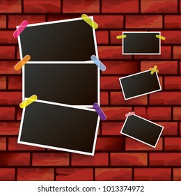 Set of vintage photo frame with shadow isolated on red grunge brick wall background. Vector Photo realistic Mockups with empty space for photo. old photo collection
