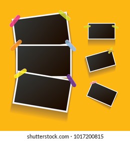 Set of vintage photo frame with shadow isolated on orange wall. Vector Photo realistic Mockups with empty space for photo. old photo collection