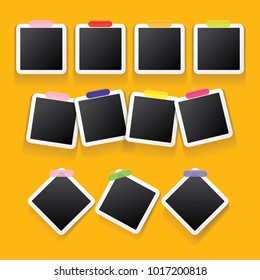 Set of vintage photo frame with shadow isolated on orange wall. Vector Photo realistic Mockups with empty space for photo. old photo collection