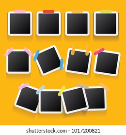 Set of vintage photo frame with shadow isolated on orange wall. Vector Photo realistic Mockups with empty space for photo. old photo collection