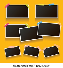 Set of vintage photo frame with shadow isolated on orange wall. Vector Photo realistic Mockups with empty space for photo. old photo collection