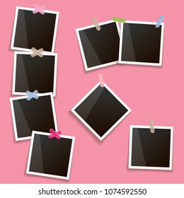 Set of vintage photo frame with shadow isolated on pink wall. Vector Photo realistic Mockups with empty space for photo. old photo collection