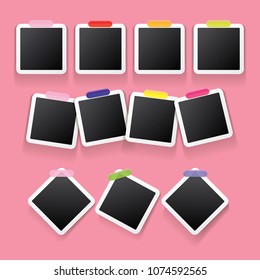 Set of vintage photo frame with shadow isolated on pink wall. Vector Photo realistic Mockups with empty space for photo. old photo collection