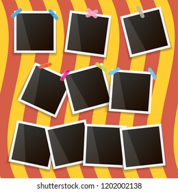 Set of vintage photo frame with shadow isolated on vintage orange stripped wall. Vector Photo realistic Mockups with empty space for photo. old photo collection