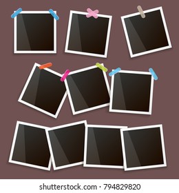 Set of vintage photo frame with shadow isolated on brown background. Vector Photo realistic Mockups with empty space for photo. old photo collection