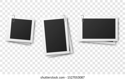 Set of vintage photo frames attached with paper clips isolated on transparent background.