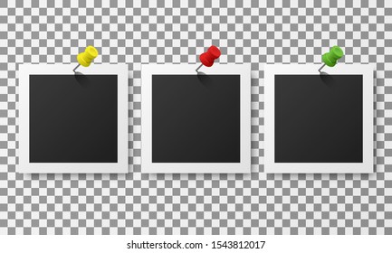 Set of vintage photo frames attached with colored push pins isolated on transparent background.