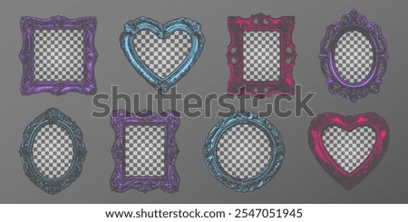 Set of vintage photo frames with photocopy texture effect. Square, oval and heart shapes in bold neon colors pink, blue, and purple. Perfect for digital collages, retro designs and photo overlays.