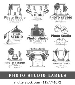 Set of vintage photo studio labels. Templates for the design of logos and emblems. Collection of photo studio symbols: spotlight, flash, backdrop. Vector illustration