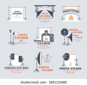 Set of vintage photo studio labels. Templates for the design of logos and emblems. Collection of photo studio symbols: spotlight, softbox, strobe. Flat design. Cartoon stile. Vector illustration