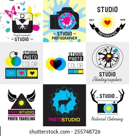 Set of vintage photo studio logo, labels, badges and design element. Vector collection of photography logo templates. Modern mass media icons and studio.