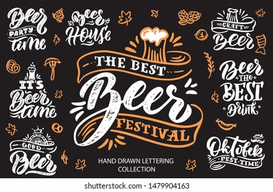 Set of vintage phrases for Beer festival. Hand drawn lettering quotes good for party designs, posters, ads, cards etc. This is retro vector illustration