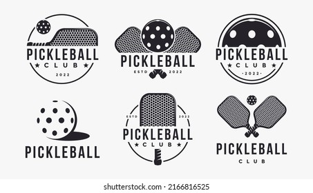 Set of Vintage Pickleball logo badge label vector, pickleball racket, ball on white background