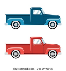 Set of vintage pickup trucks in blue and red colors. Vector flat illustration style. Isolated on white background