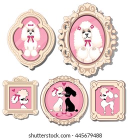 Set of vintage pictures in ornate frames with portraits of dogs. Vector illustration.